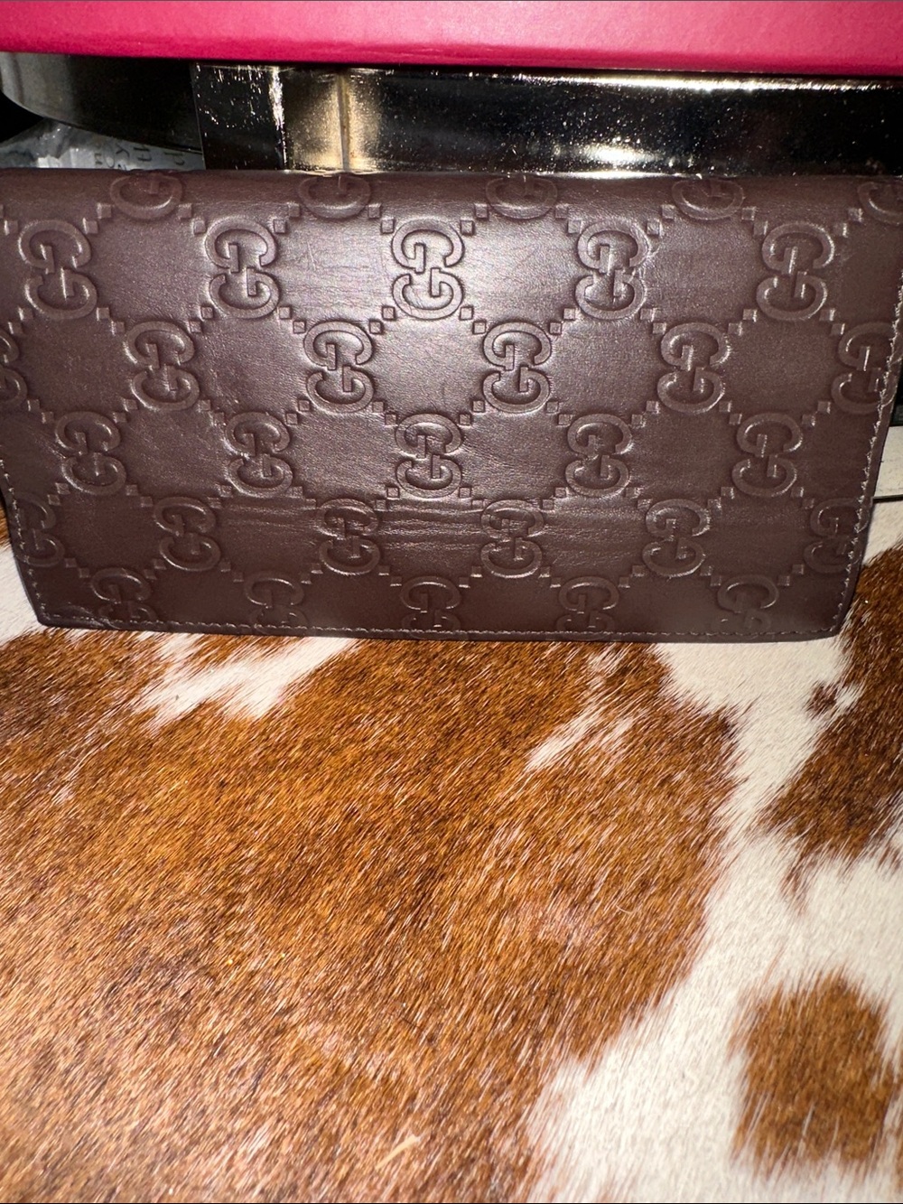 GUCCI GG Long Bifold Wallet Calfskin Leather Brown